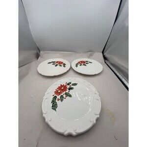 3 Vintage Christmas Plates Japan Hand Painted Poinsettia Cookie Bread 8in*